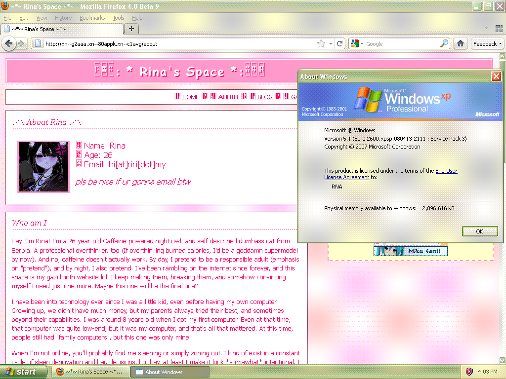 Early version of the site on Windows XP; HTML4 layout with Unicode glitches.