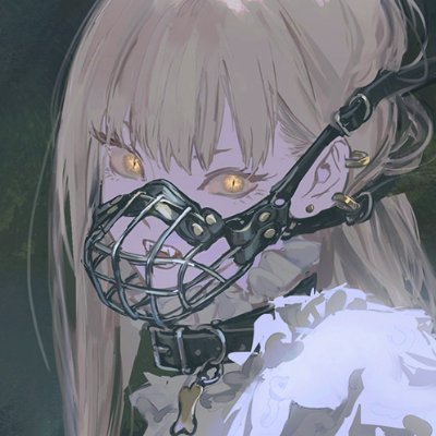 anime girl with blond hair, gold eyes, wearing a muzzle mask